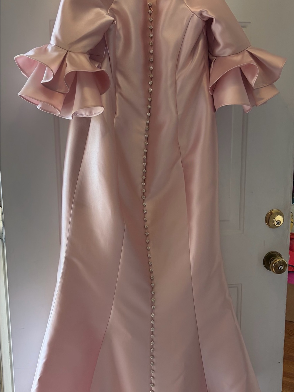 Elegant Blush Off-Shoulder Gown with Statement Ruffle Sleeves - Picture 3 of 4